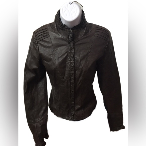 Danier Brown Leather Jacket with Stand-Up Collar and Fitted Silhouette - Picture 1 of 4